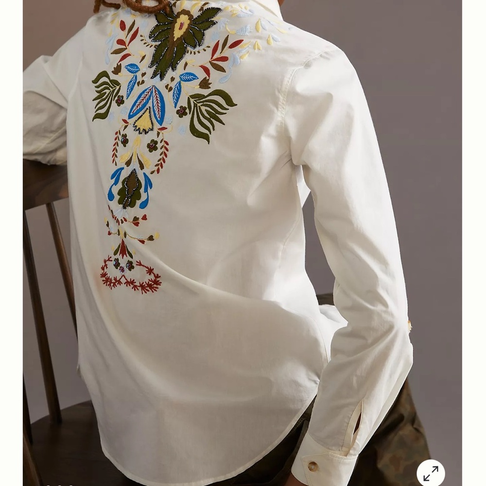 Anthropologie M Embroidered Buttondown Shirt Appliqué Floral Beaded White